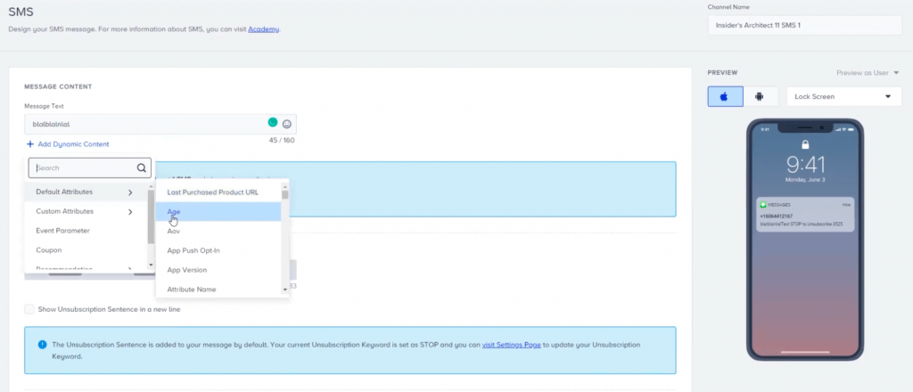Insider One SMS builder dynamic content